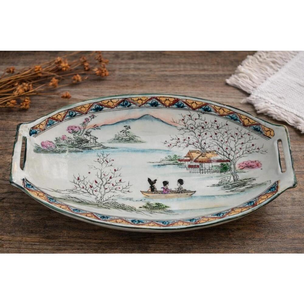 Vintage Japanese Hand-painted Porcelain Scenic Serving Tray/Bonbon/Candy Dish